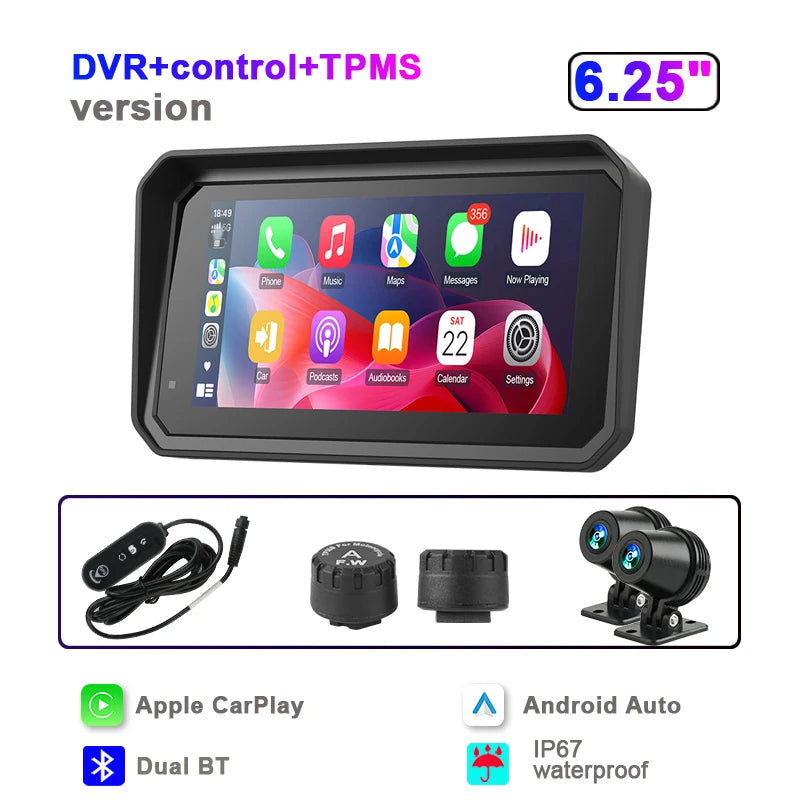 JMCQ Portable 6.25 inch Motorcycle GPS Navigation IPX7 Waterproof Wireless CarPlay Android Auto Drive Recorder Support 4K DVR
