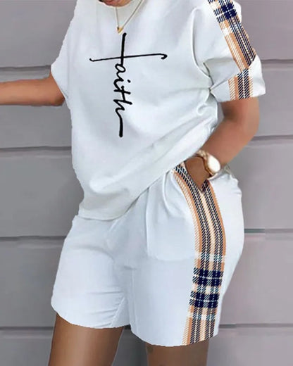 Ladies Casual Summer Two Piece Sets Printed Shorts Sets Women Round Neck Short Sleeve T Shirts Pullover High Waist Trousers Suit