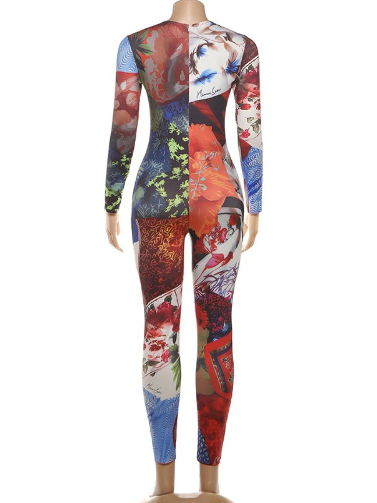 SsTss Elegant Printed Jumpsuit Women 2025 Autumn Fashion O Neck Long Sleeve Slim Stretchy Streetwear Casual One Piece Rompers