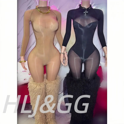 HLJ&GG Black Sexy See Though Bodycon Jumpsuits Women Round Neck Long Sleeve Slim Playsuits And Bodysuits Outfit Fashion Clubwear