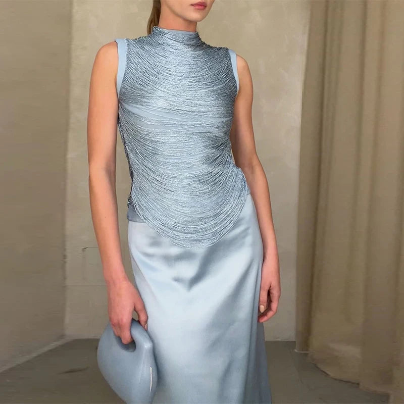 Elegant Tassel Crop Tops Satin Mermaid Skirt Sets Women Sleeveless Slim O-neck Vest Hip Package Skirts 2026 Summer Party Outfit