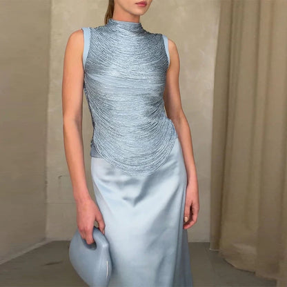 Elegant Tassel Crop Tops Satin Mermaid Skirt Sets Women Sleeveless Slim O-neck Vest Hip Package Skirts 2026 Summer Party Outfit