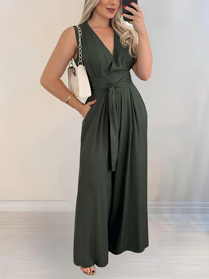 Wide-leg jumpsuit with V-neck, gathered back waist, tie-front, solid color women's pants