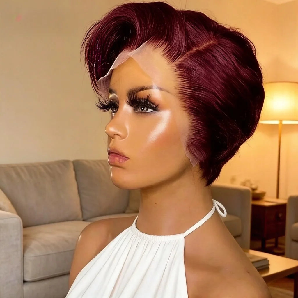 Human Hair 13x4 Short Pixie Cut Lace Front Wig for Women Black Pixie Cut Transparent Frontal Wig Layered Straight Pixie Cut Wigs