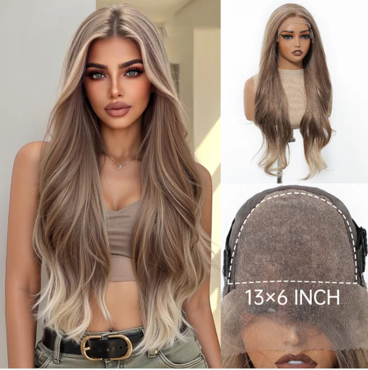 EASIHAIR Long Wavy HD Lace Front Synthetic Wigs for Women Natural Wave Blonde Wigs With Dark Roots 13*6 Lace Wigs Heat Resistant