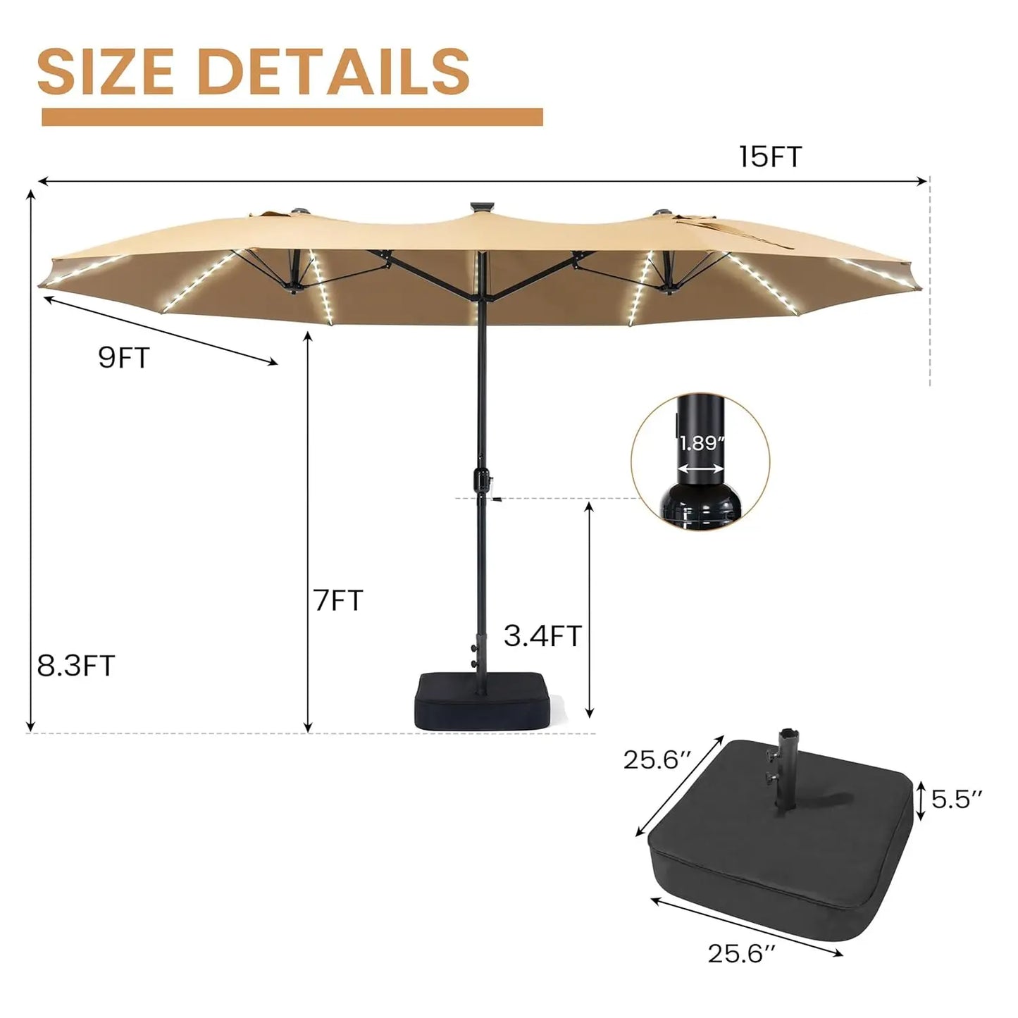 15FT Double Sided Umbrella with 144 LED Solar Lights, Outdoor Patio Umbrella with Base, Large Rectangle Market, Customized