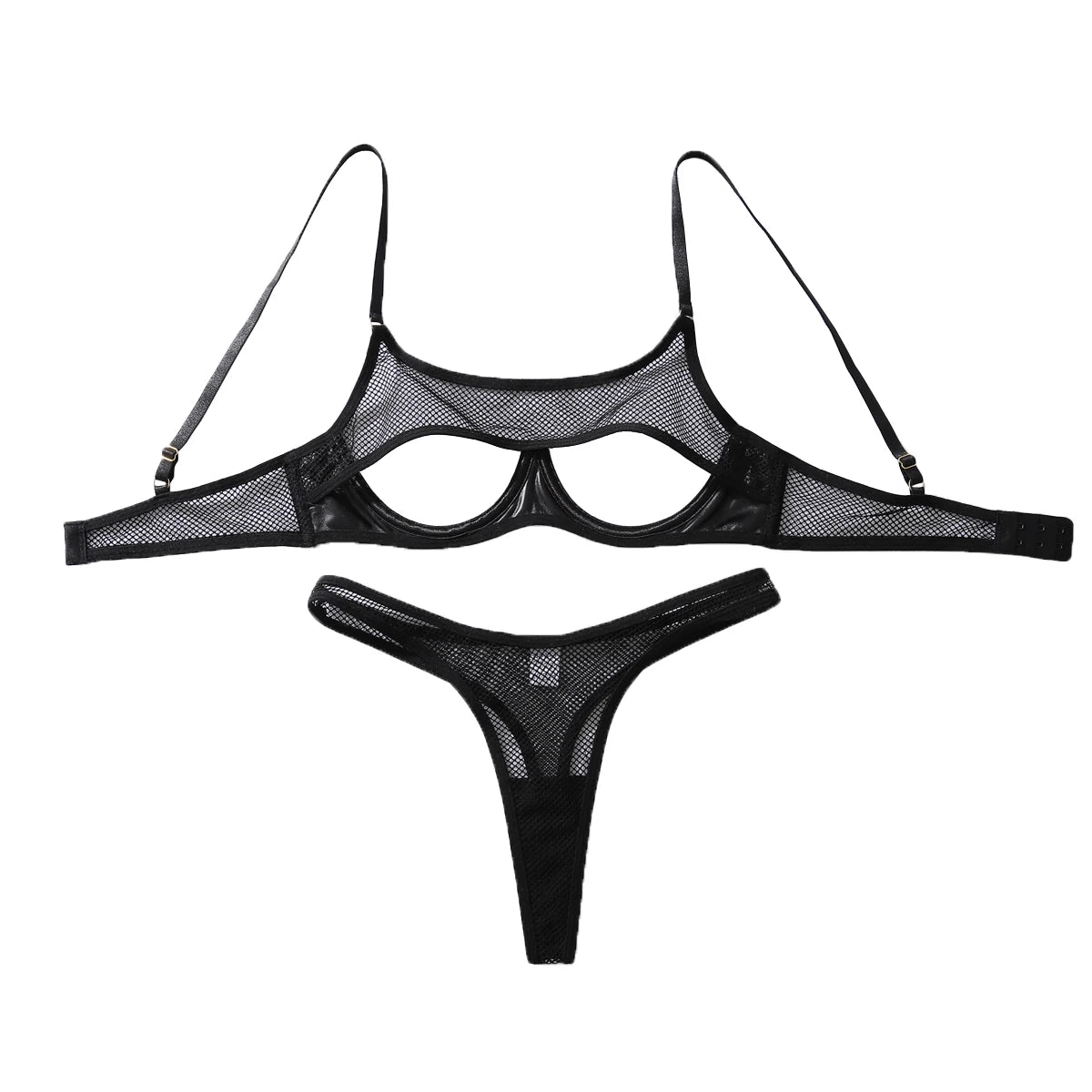 AVELINE Fashion Hollow Mesh Splicing PU Leather Gathering Sexy Strap Underwear Set