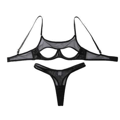 AVELINE Fashion Hollow Mesh Splicing PU Leather Gathering Sexy Strap Underwear Set