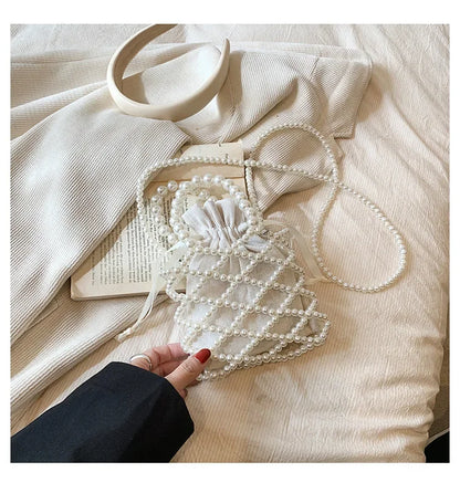 Women Pearl Bag Small Mini Tote Bucket Bag Woven Crossbody Hand Bags for Women Coin Purse Wallet Handbag Ladies Shoulder Bags