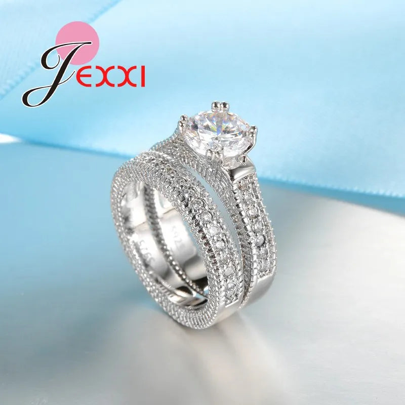 Genuine 925 Sterling Silver Ring Sets 2 PCS Bijoux Full African AAA Crystal Heart Stone Rings Romantic Wedding Best Chioce