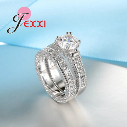 Genuine 925 Sterling Silver Ring Sets 2 PCS Bijoux Full African AAA Crystal Heart Stone Rings Romantic Wedding Best Chioce