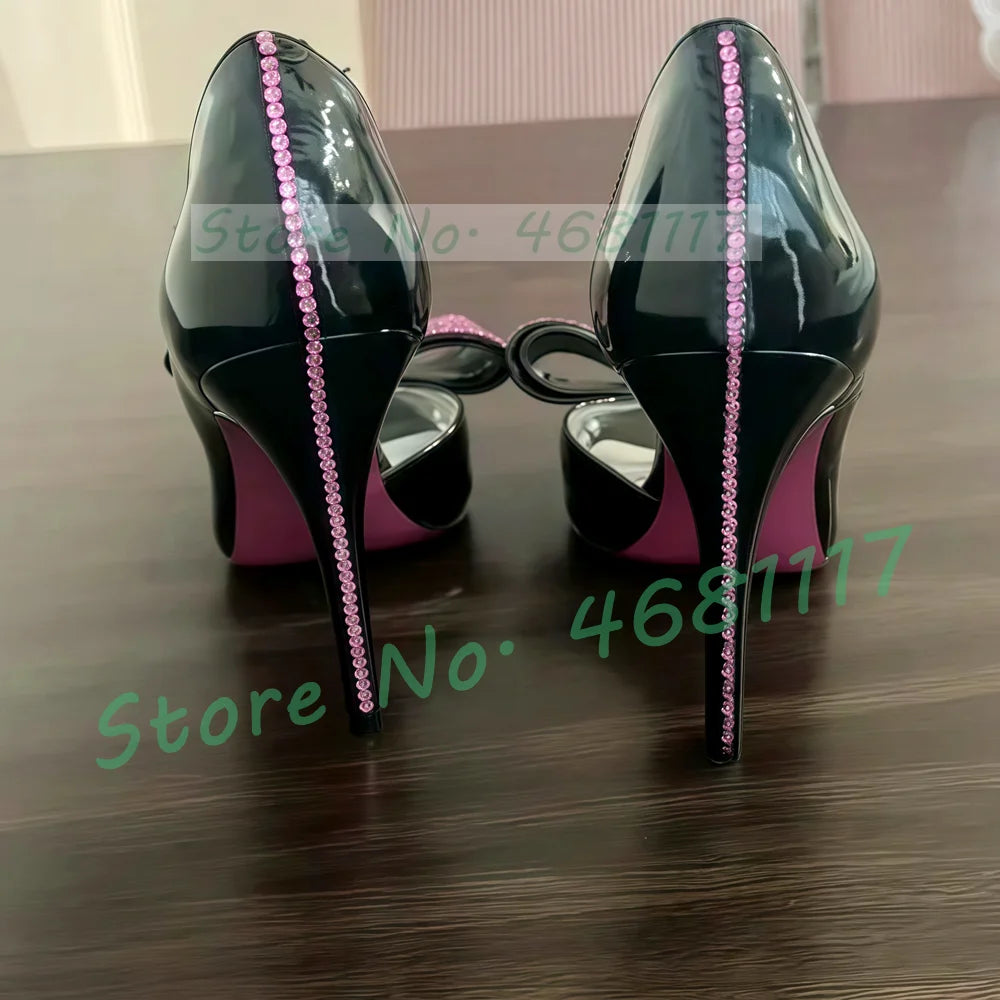 Pink Crystal Bow Peep Toe Pumps Women Luxury Rhinestone High Heel Party Shoes Ladies Elegant Summer Black Patent Leather Pumps
