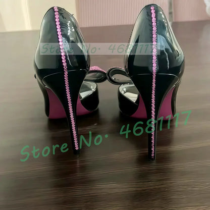 Pink Crystal Bow Peep Toe Pumps Women Luxury Rhinestone High Heel Party Shoes Ladies Elegant Summer Black Patent Leather Pumps
