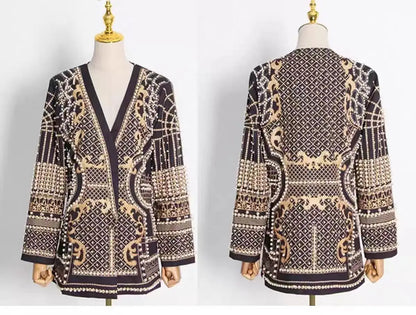 New Fashion Beaded V-neck Blazers for Women Streetwear Trendy High Quality Suit Jacket Coat Outerwear Female Clothing