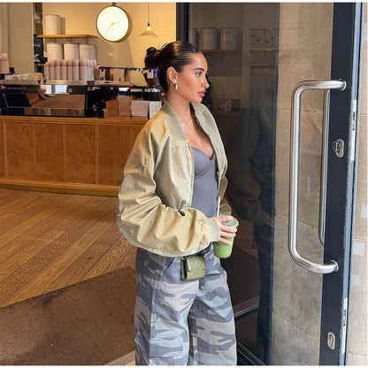Women Khaki Cropped Bomber Jacket Chic Lapel Zipper Pocket Long Sleeve Short Coat Casual 2026 New Lady Street Daily Crop Outwear