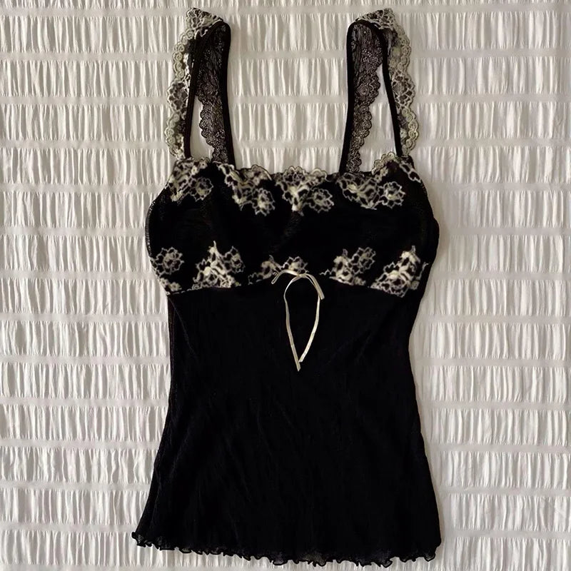 Y2k Summer New Solid Sling Tops Kawaii Lace Bow Inside A Sling Vest 90s Aesthetics Crop Top Women Pink Tank Top Fashion Punk Top