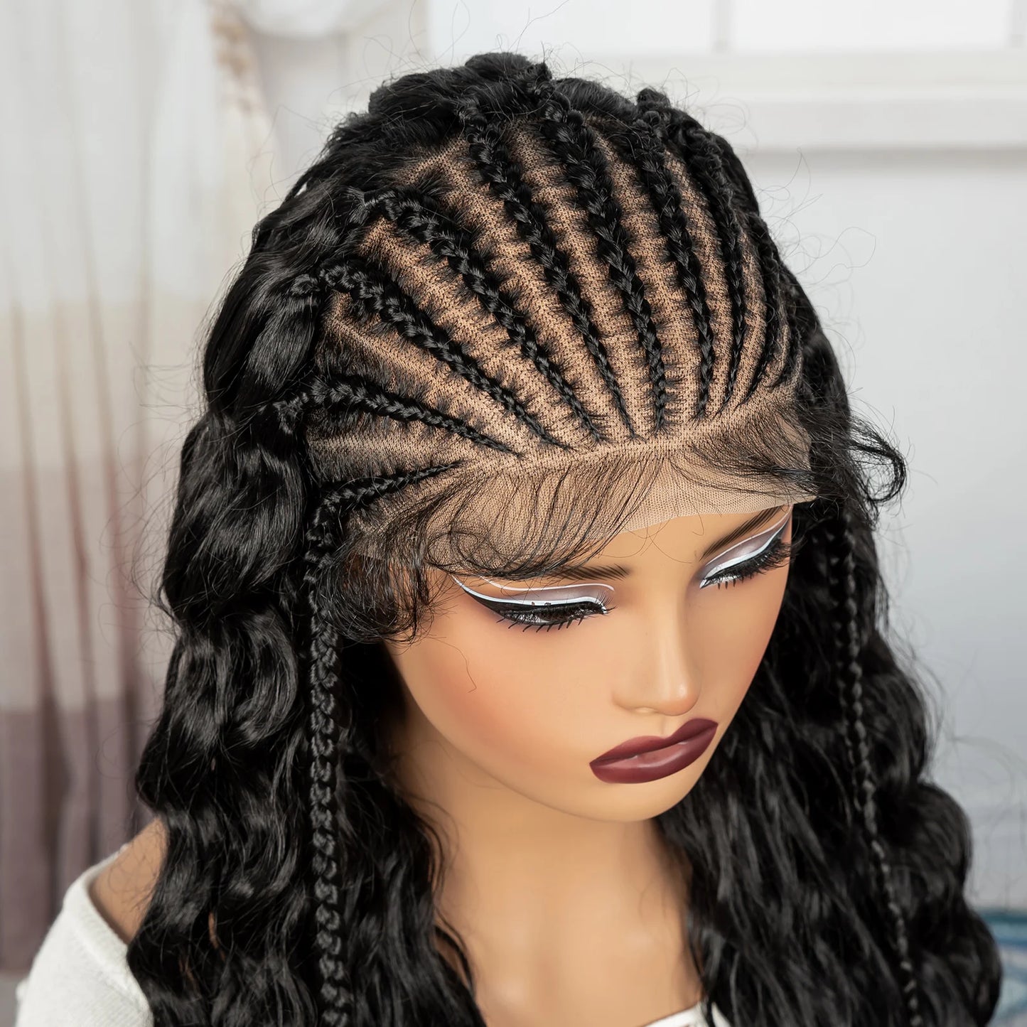 28inch 13x6 Transparent Lace Front Natural Deep Wave Hair Wigs with Cornrow Braids Synthetic Curly Brazilian Hair Wig for Women
