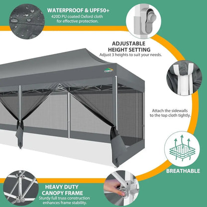 10x30 Pop  Canopy with Sidewalls, Heavy Duty Canopy with Mosquito Netting, Easy up Screen Party Tents for Parties Backyard Ou