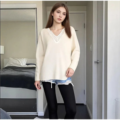 Women Fashion Lace Pullovers Elegant Long Sleeves Chic V-neck Solid Slim Knitwear 2025 Autumn Winter Daily Commute Outerwear