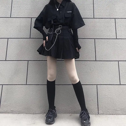 Gothic Skirt Set Loose Shirt Pleated Mini Skirts 2 Piece Sets Korean Retro Casual Outfits Women Spring Summer Aesthetic Y2k Suit