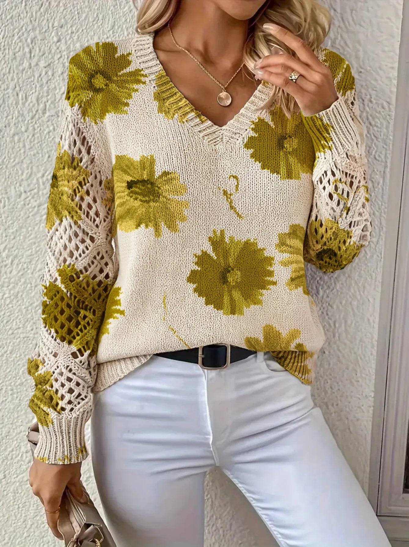 V-neck Fashionable Floral Print Cutout Sleeves Bohemian Pullover Sweater Ropa De Invierno Para Mujer Abbigliamento Donna Autunno