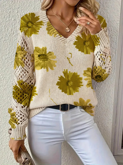 V-neck Fashionable Floral Print Cutout Sleeves Bohemian Pullover Sweater Ropa De Invierno Para Mujer Abbigliamento Donna Autunno