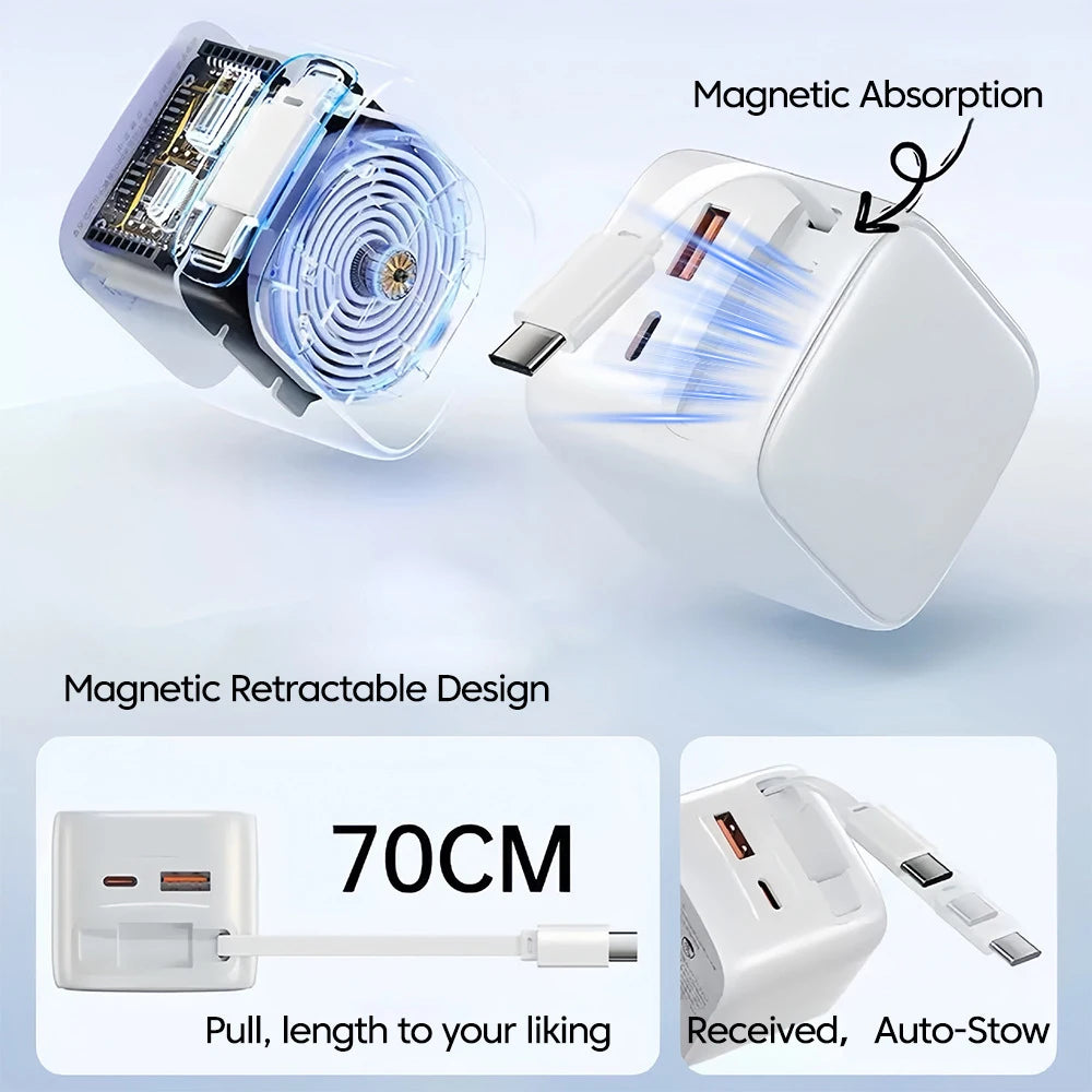 HAPPORIA 65W USB C Fast Charger Retractable Cable 3 Port Travel Adapter Foldable Plug PD Charger for iPhone 15 16 17 Samsung