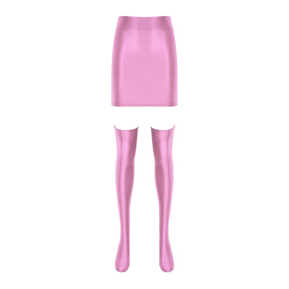 Womens Glossy Nightclub Outfit Shiny High Waist Mini Skirt with Stockings Set Rave Party Cheer Booty Workout Pole Dance Clubwear