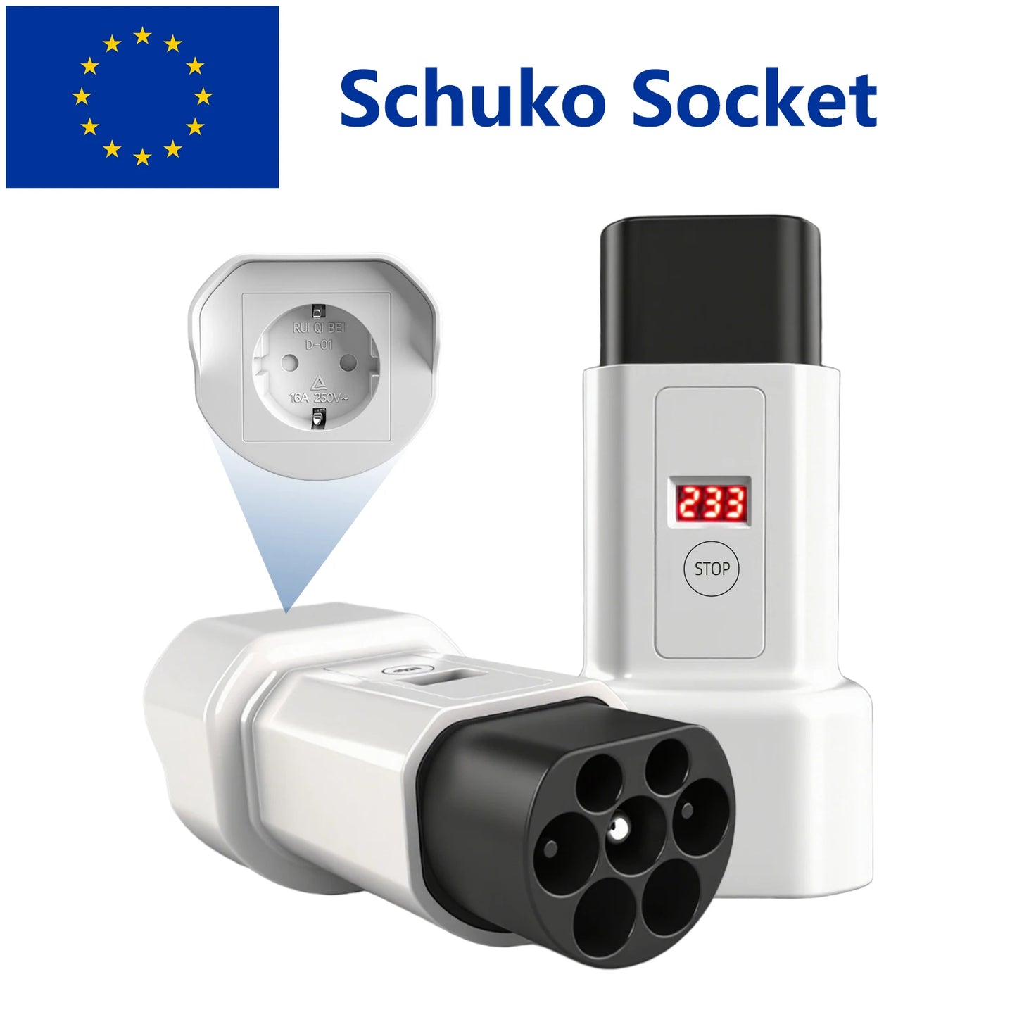 EVqiaoyi Type2 to Schuko Socket EV Adapter Type2 to 220V Converter Male Discharging Plug for IEC 62196-2 Charging Stations