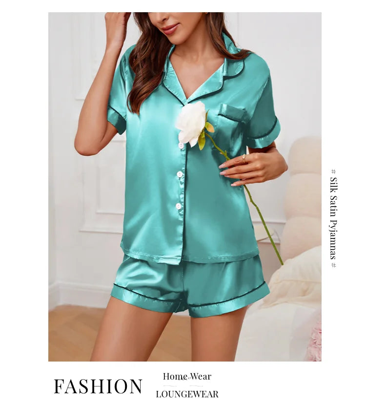 Women's Satin Pajama Set Summer Sleepwear Loungewear Short Sleeve Lapel Top & Shorts Pyjamas Button Home Clothes Pajamas Pjs Set