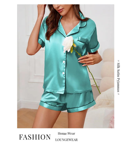 Women's Satin Pajama Set Summer Sleepwear Loungewear Short Sleeve Lapel Top & Shorts Pyjamas Button Home Clothes Pajamas Pjs Set