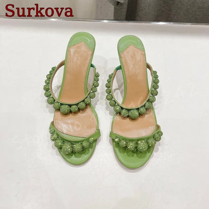 Green Pearl High Heel Slippers Open Toe Round Head Shallow Mouth Slippers Elegant Casual Luxury Dress Women'S Shoes Summer New