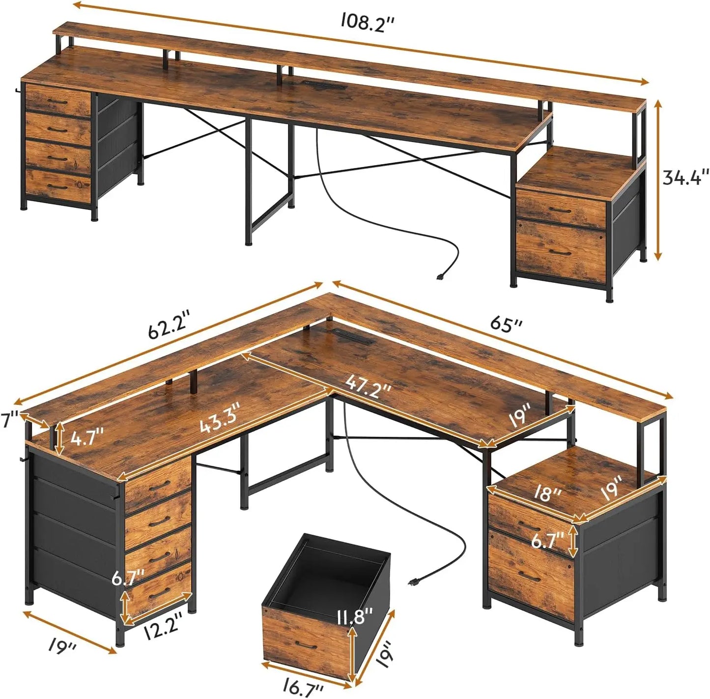 108" L-Shaped Corner Desk with 6 Drawers, Power Outlet & LED Lights - Home Office Gaming Desk in Rustic Brown