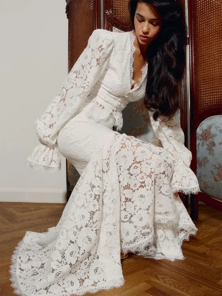 White Lace Patchwork Long Skirt Set Women Chic Full Flared Sleeves V-neck Slim Cropped Sets 2026 Lady Spring Evening Party Wear