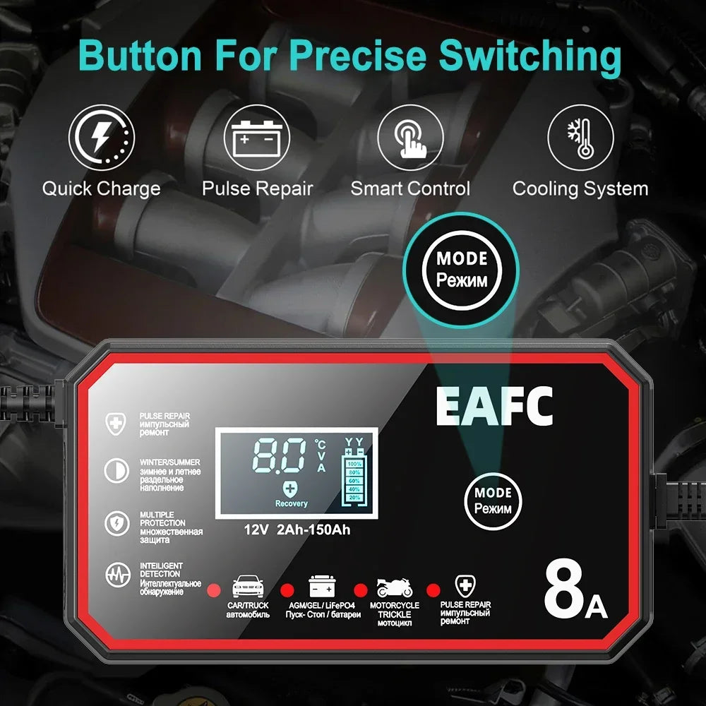 12V 8A Smart Car Battery Charger Automatic Start Fast Charger Pulse Repair Motorcycle Truck Battery Charger GEL Lead Acid