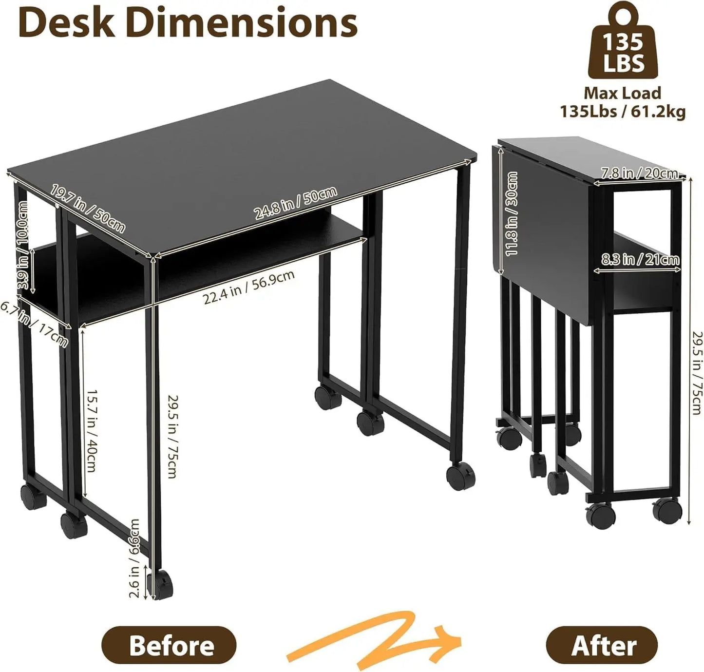 Black Folding Rolling Desk Space Saving with Laptop Table Storage Shelf Sturdy Frame Mobile Workstation Sofa Table with Wheels