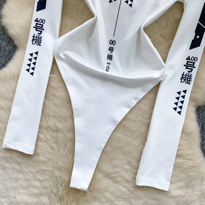 Spring Summer Bodysuit Women Motorcycle Suit Print Mock Neck Slim Long Sleeve Stretchy Jumpsuit Top T-shirt Moto Biker 63930