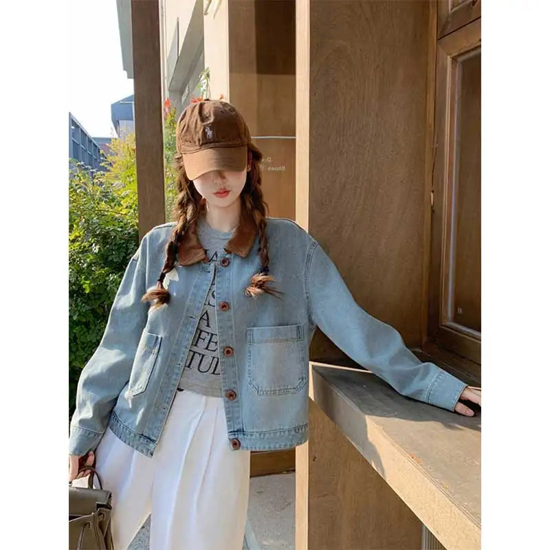 Women Clothing Autumn Fashion Korean Button Color Blocking Polo Collar Female All-match Fashionable Pocket Appear Thin Cardigan