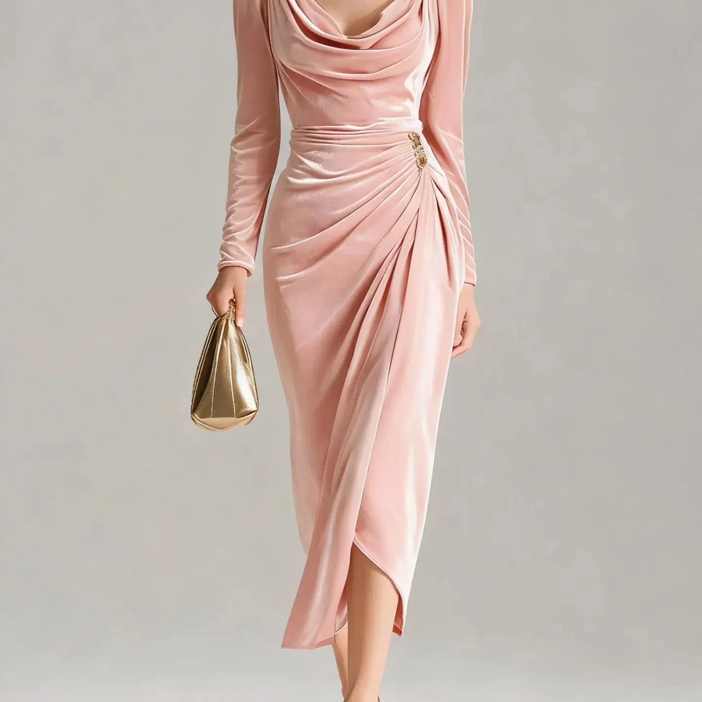 2025 European and American Women's Casual Gold Velvet Sexy New Long-Sleeve Slim Pleated Long Split Bodycon Dress