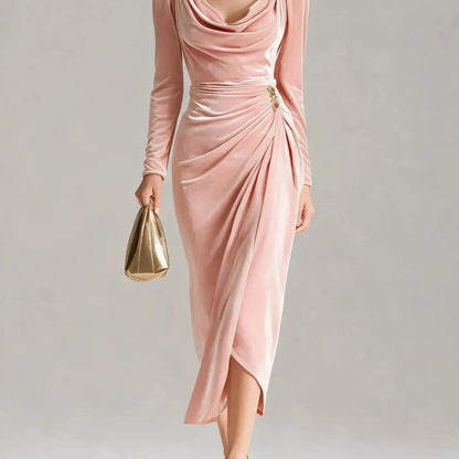 2025 European and American Women's Casual Gold Velvet Sexy New Long-Sleeve Slim Pleated Long Split Bodycon Dress