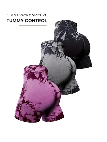 CZGUKE 3-PCS Women's Tie-Dye Yoga Fitness Shorts with Hip-Lifting Belt High-Waisted Seamless Cycling Pants Sports Shorts