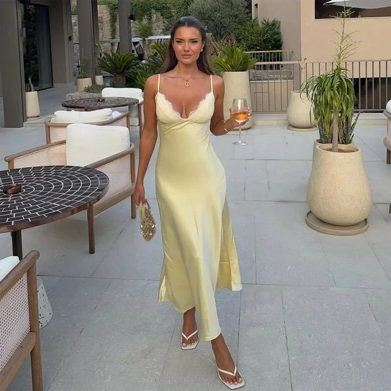 Lace Patchwork Sling Women's Dress Sexy Solid V-neck Sleeveless Backless Stain Female Maxi Dress 2026 Elegant Summer Party Gowns