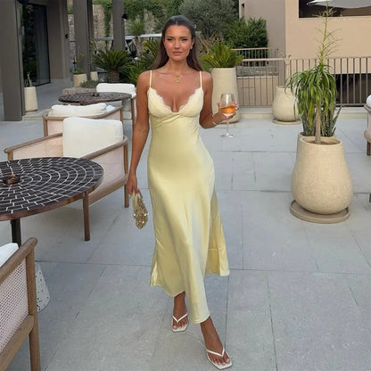 Lace Patchwork Sling Women's Dress Sexy Solid V-neck Sleeveless Backless Stain Female Maxi Dress 2026 Elegant Summer Party Gowns