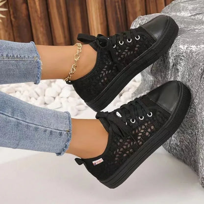Women Shoes 2023 Fashion Summer Casual White Shoes Cutouts Lace Canvas Hollow Breathable Platform Flat Shoes Woman Sneakers