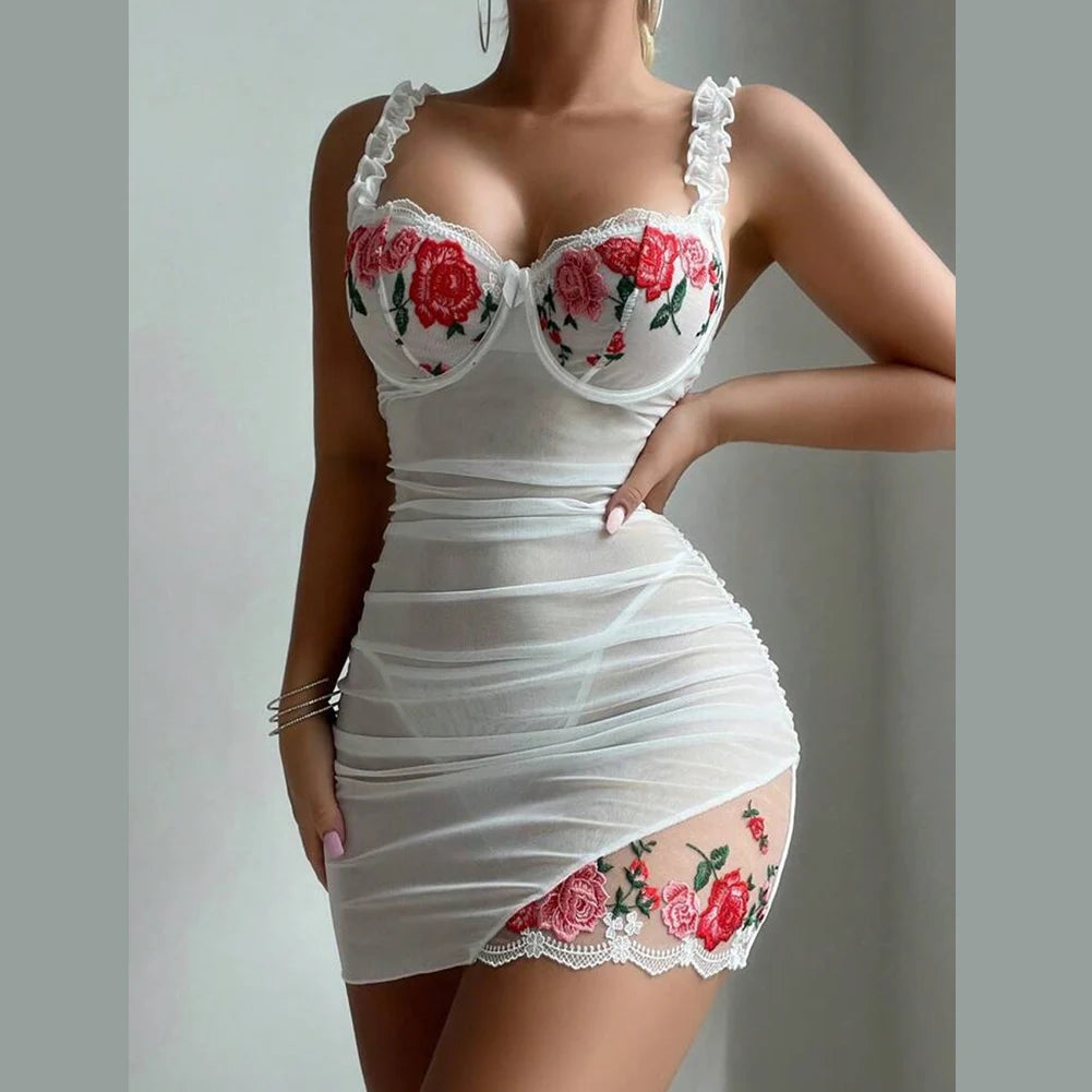 Women Lace Dresses Flower Splicing Chest Support Sleeping Nightdress Sexy Lingerie Temptation Embroidered Nightgown