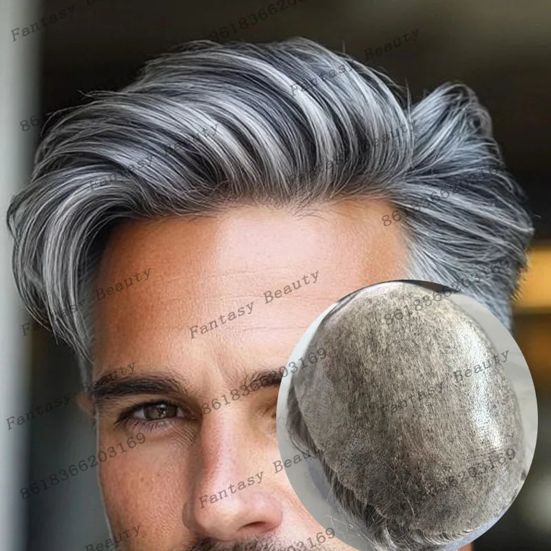 Grey Man Human Hair Wigs Replacement Natural Hairline Full Injection PU Base Prosthesis Capillary 1B40 1B80 Old Man Hairpieces