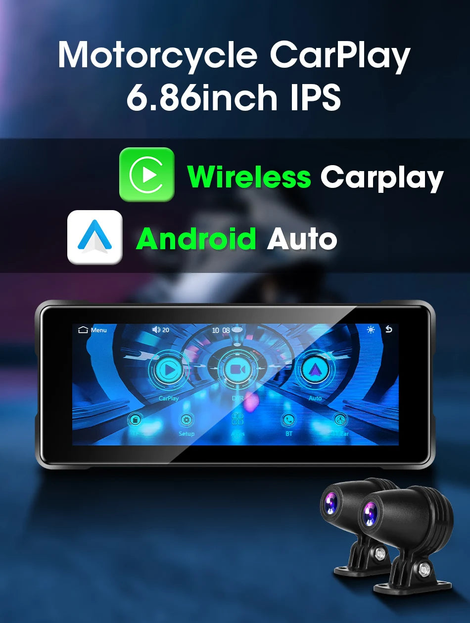 JMCQ 6.86'' Motorcycle DVR GPS Navigaton Wireless Carplay Android Auto Dash Cam IP67 Waterproof Dual Bluetooth Moto Monitor