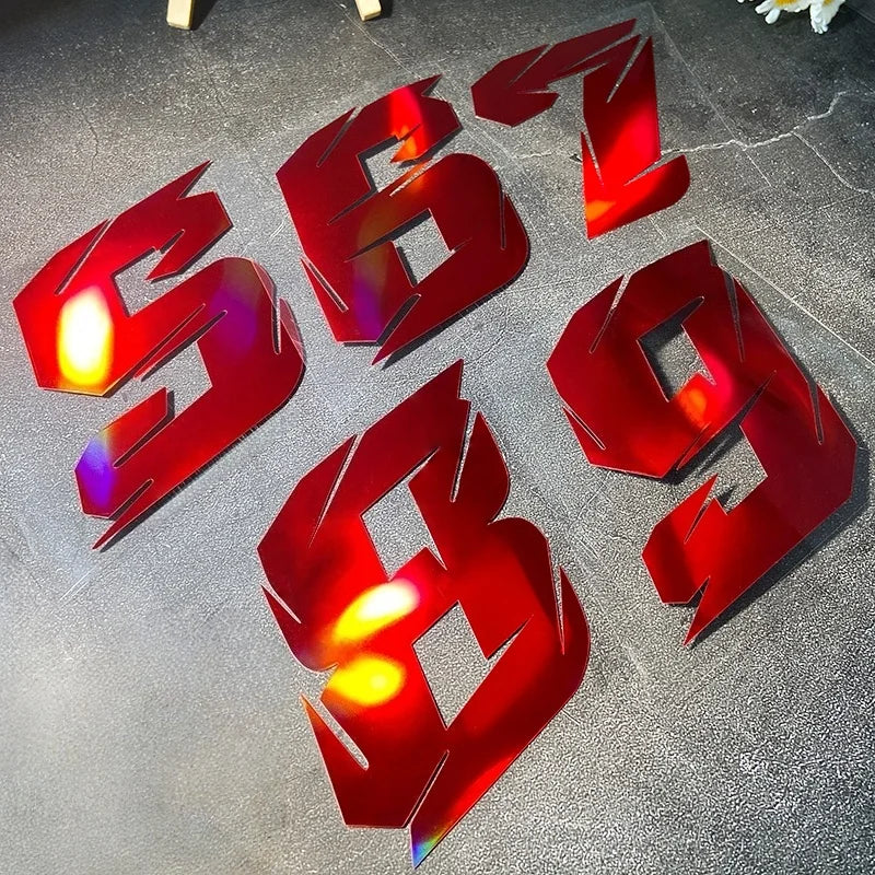 1PC Red Laser Motorcycle Stickers Arabic Numeral Waterproof for Motorbike Helmet Fuel Tank Mudguard Scooter Bodies Vinyl Decals
