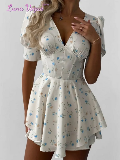 Vintage Floral Halter Deep V Neck Women's Dress Sexy Side Waist Cutout Flowy Long Sundress Summer New Chic Vacation Party Outfit
