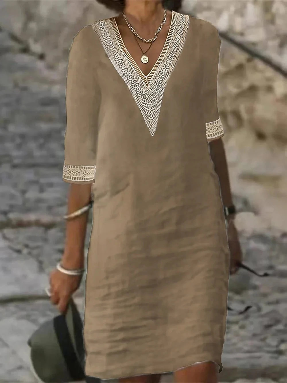 New solid color V-neck mid-sleeved elegant dress